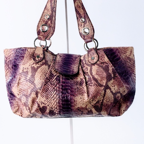 Claudia Firenze Snake Print Leather Shoulder Bag Purple Python Tote - Picture 3 of 16